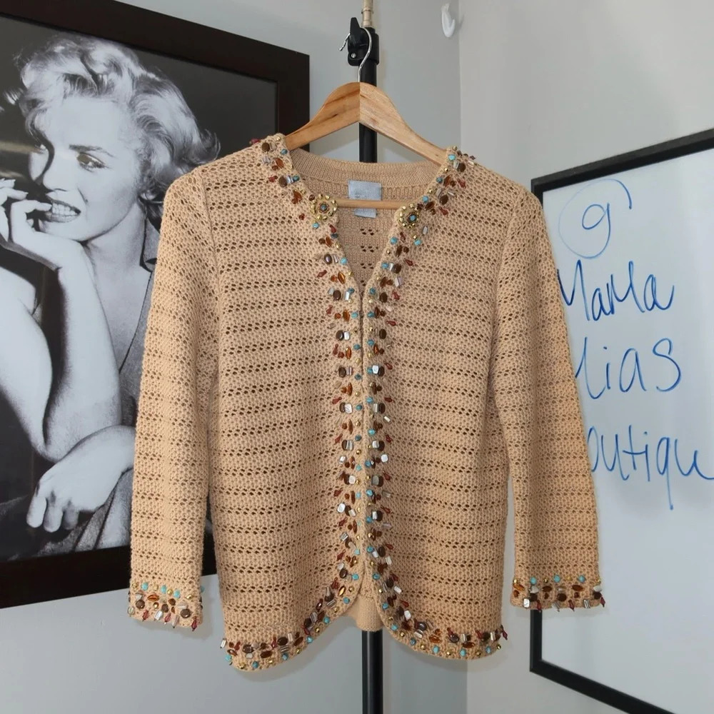 Vintage Berek Knit Embelished Beaded Cardigan Sweater small 3/4 sleeve